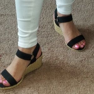 Black chaps low wedge shoes